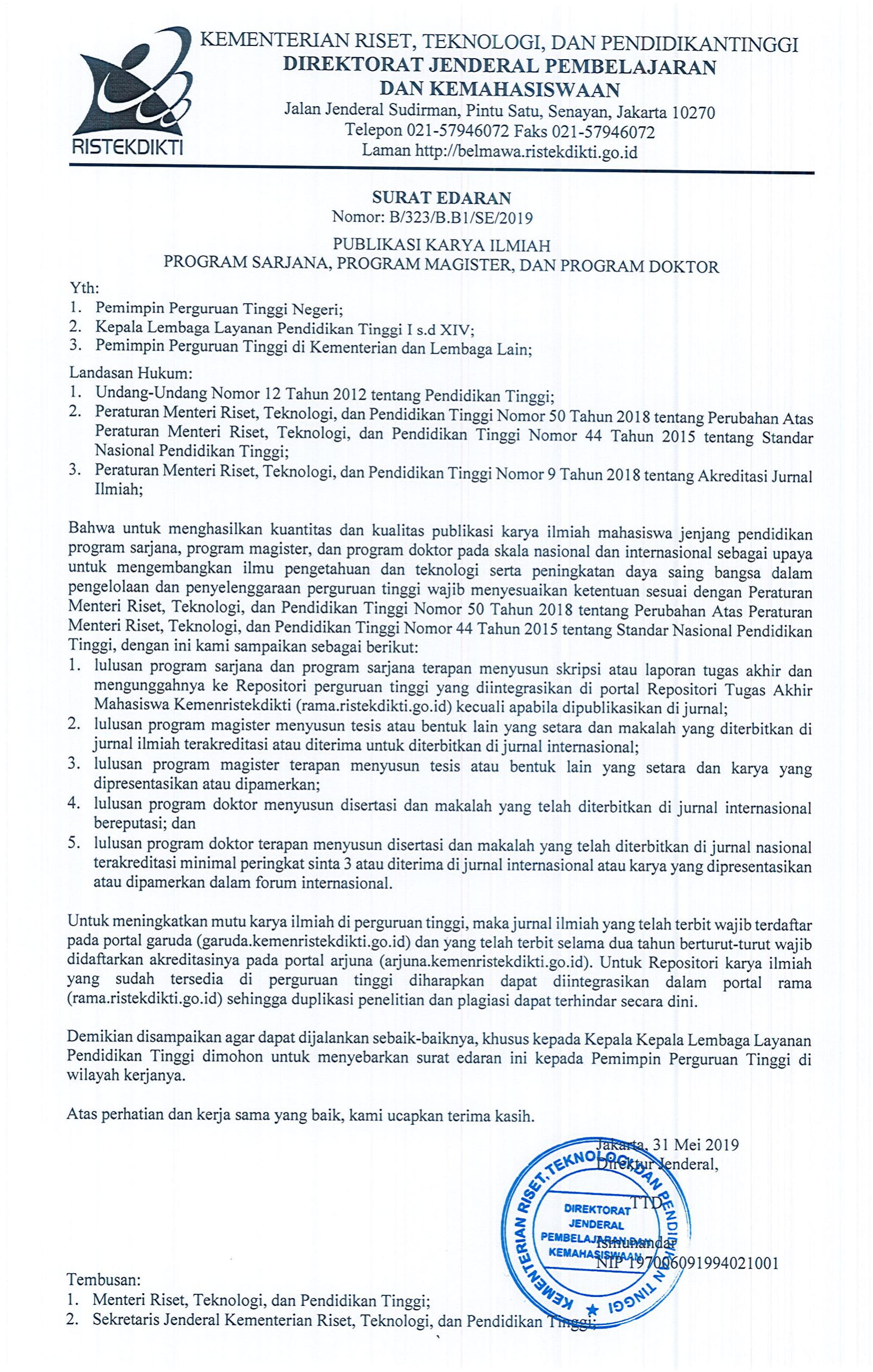 SURAT EDARAN PUBLIKASI KARYA ILMIAH PROGRAM SARJANA, PROGRAM MAGISTER, DAN PROGRAM DOKTOR