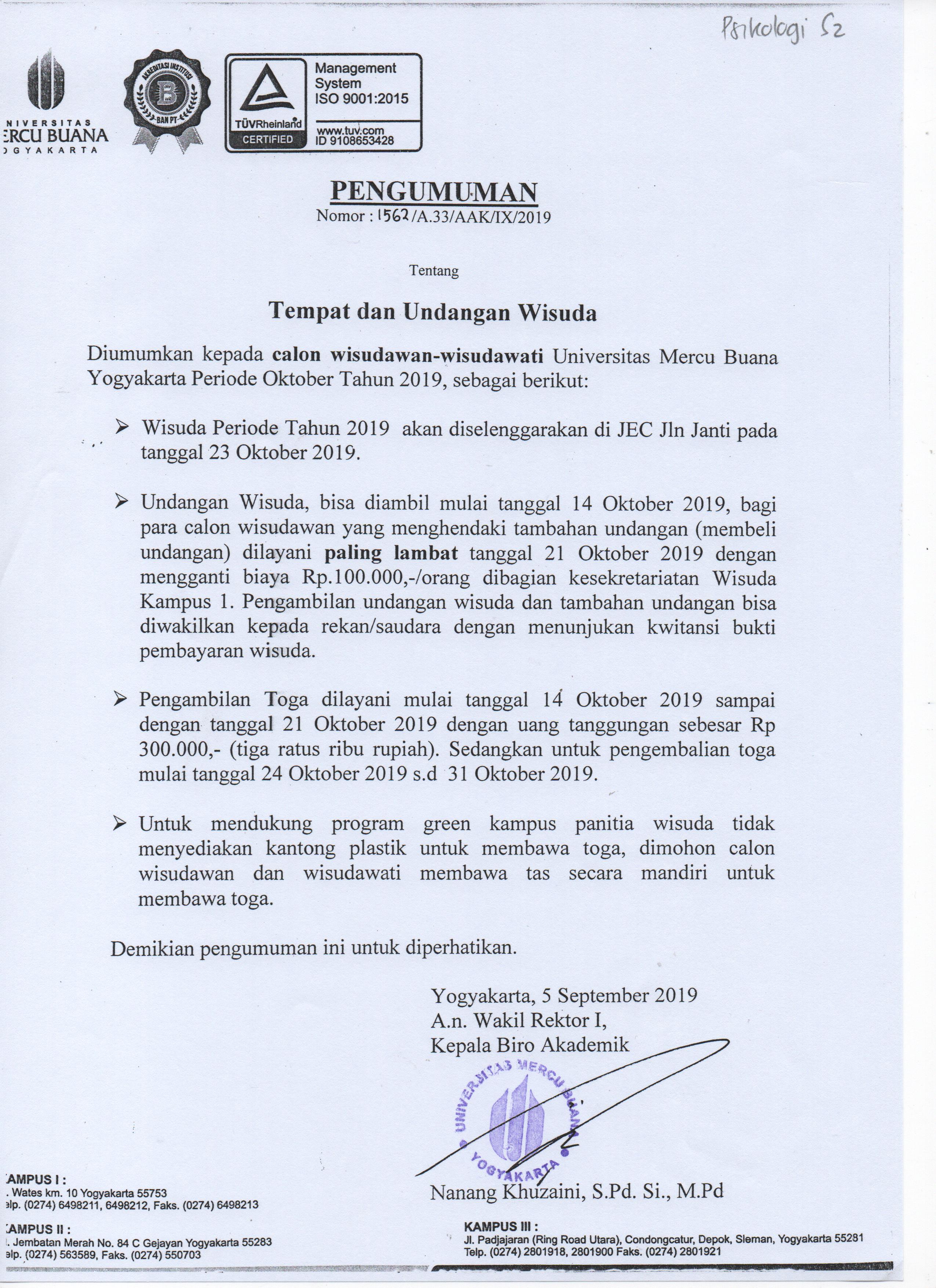 Pengumuman Tempat dan Undangan Wisuda
